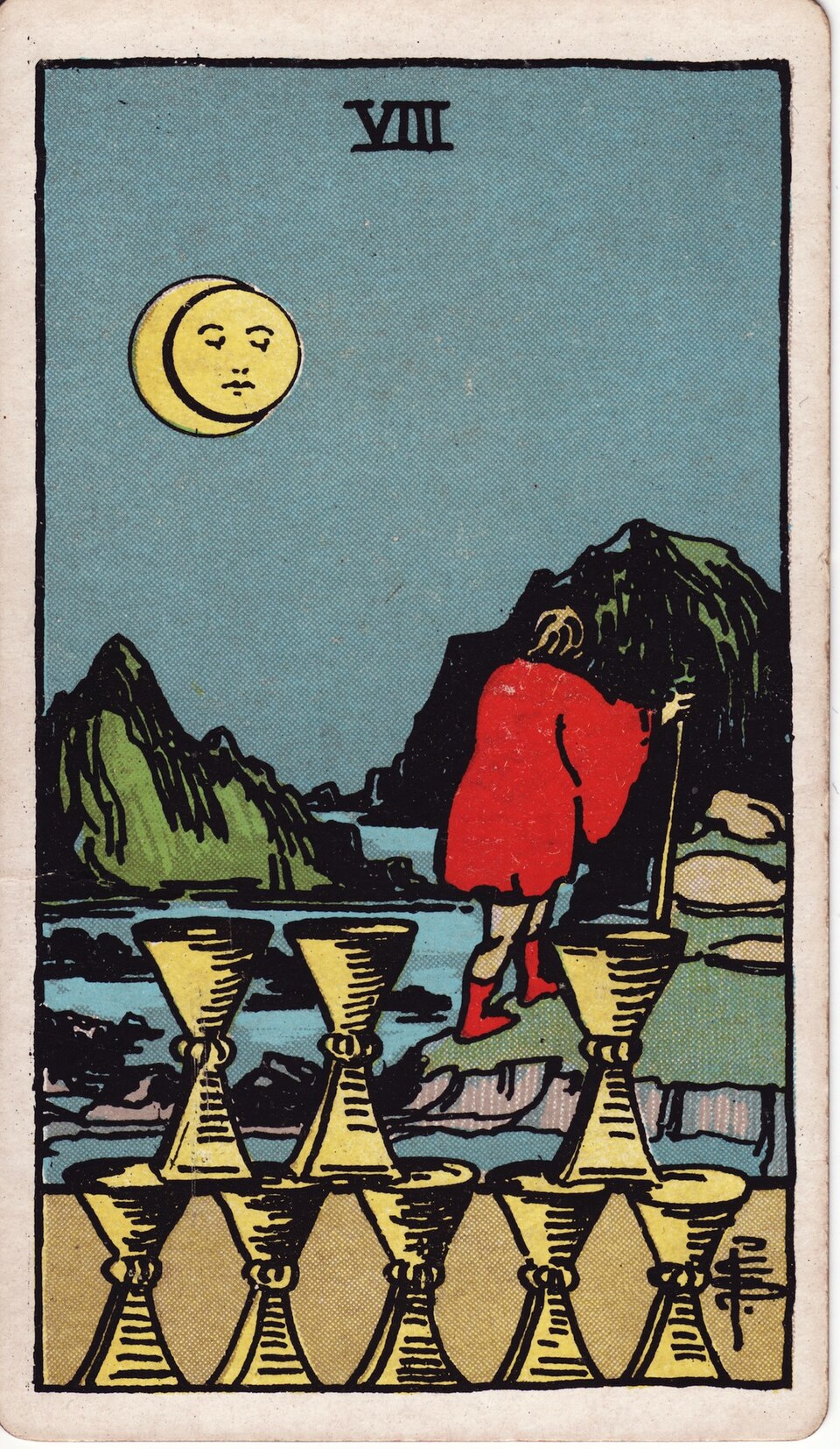Eight of Cups from the Rider–Waite–Smith tarot, 1909, public domain