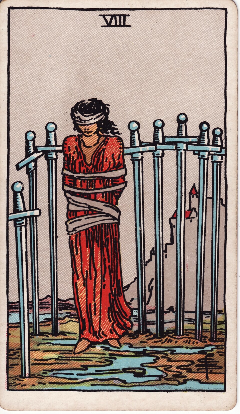 Eight of Swords from the Rider–Waite–Smith tarot, 1909, public domain