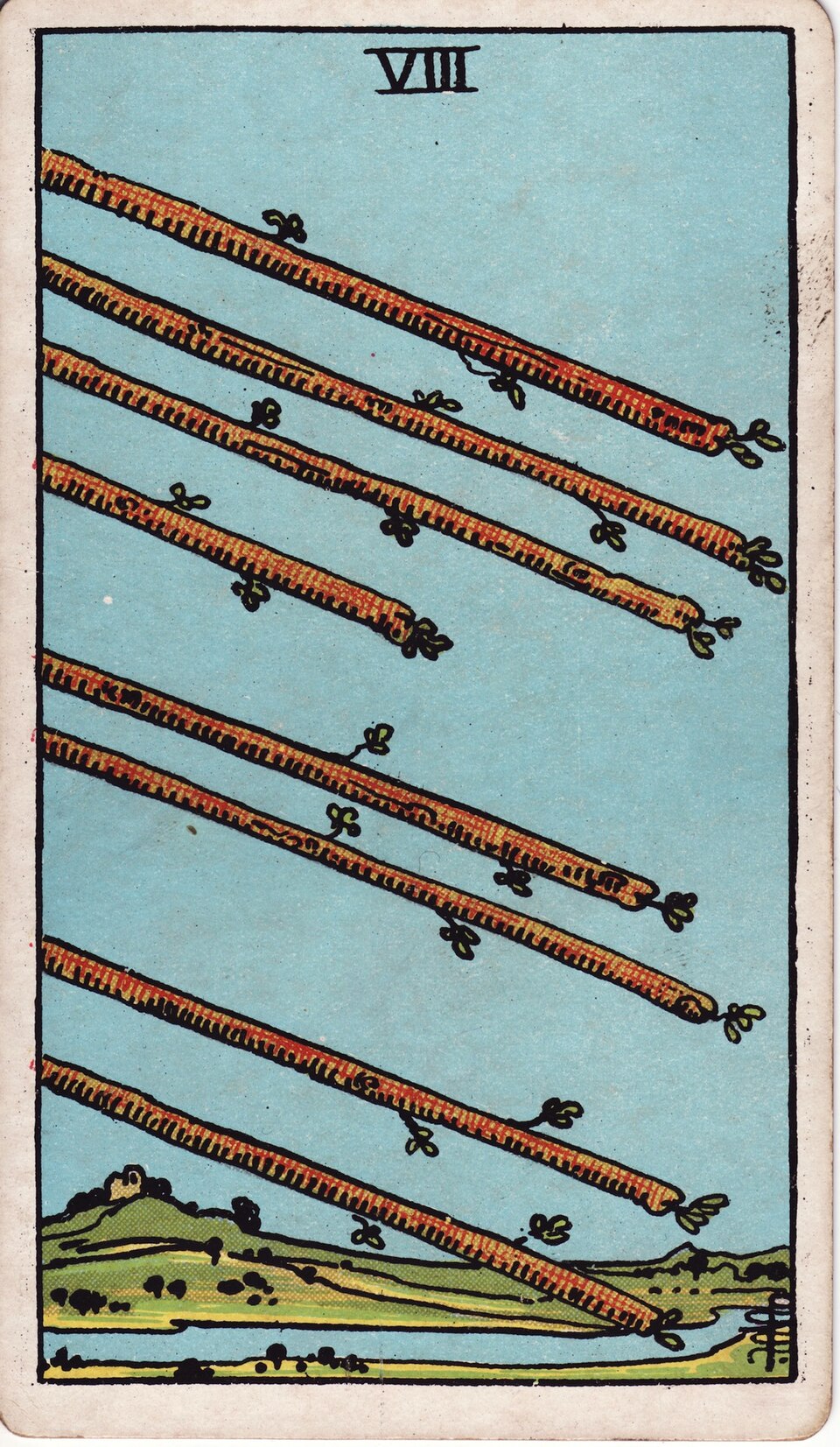 Eight of Wands from the Rider–Waite–Smith tarot, 1909, public domain