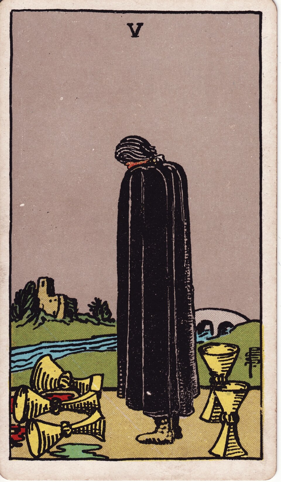 Five of Cups from the Rider–Waite–Smith tarot, 1909, public domain