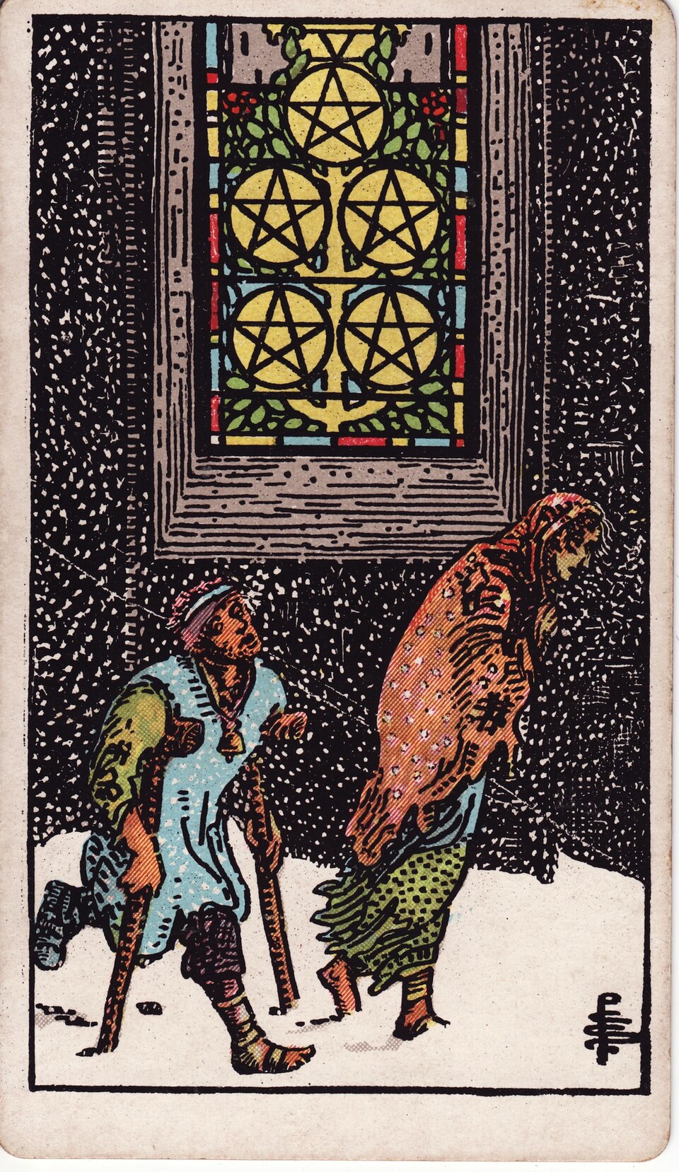 Five of Pentacles from the Rider–Waite–Smith tarot, 1909, public domain