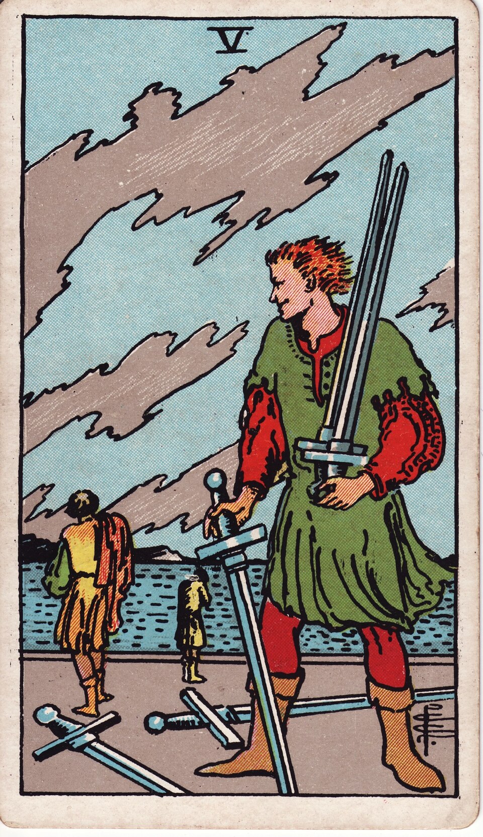 Five of Swords from the Rider–Waite–Smith tarot, 1909, public domain
