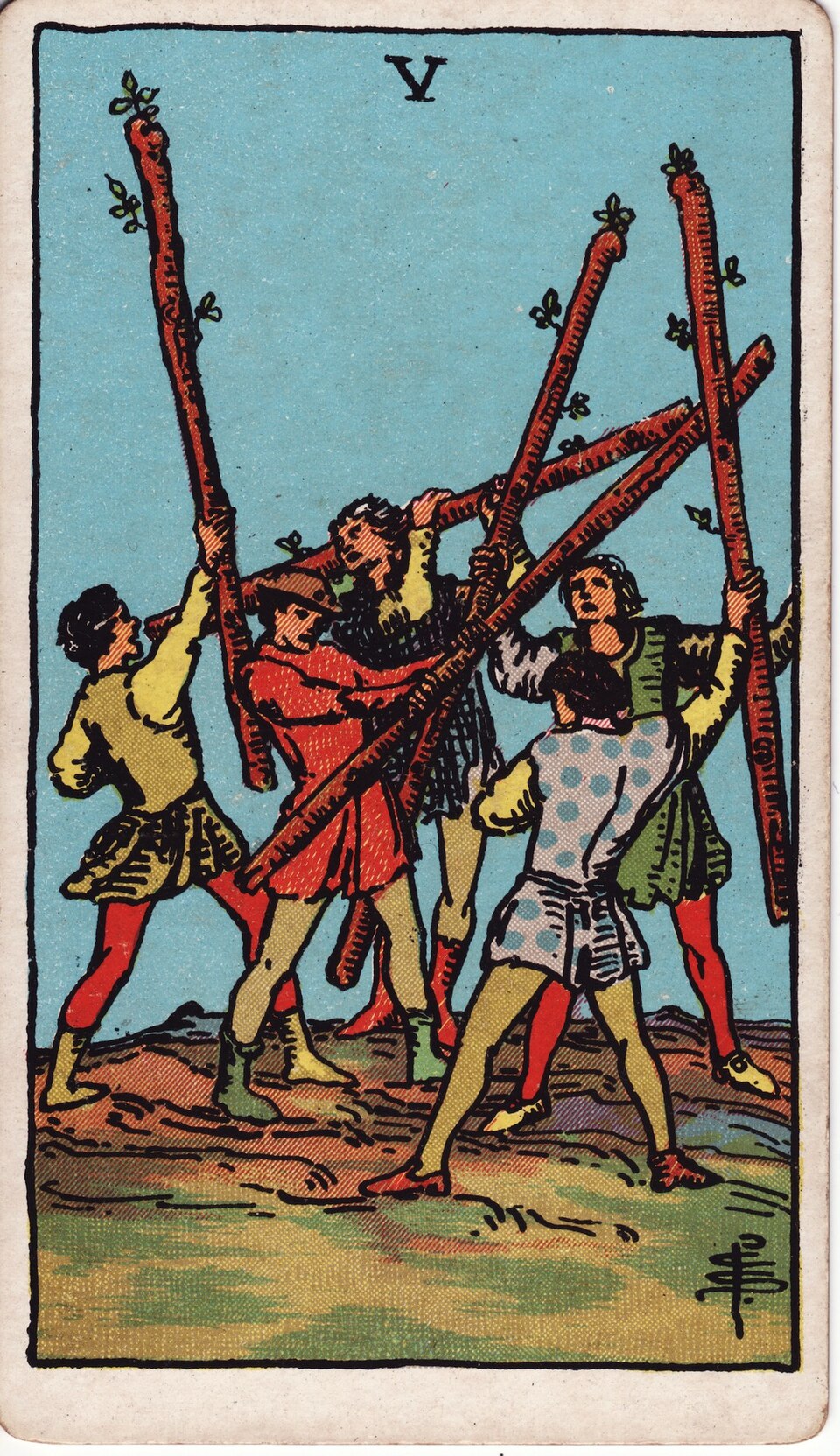 Five of Wands from the Rider–Waite–Smith tarot, 1909, public domain