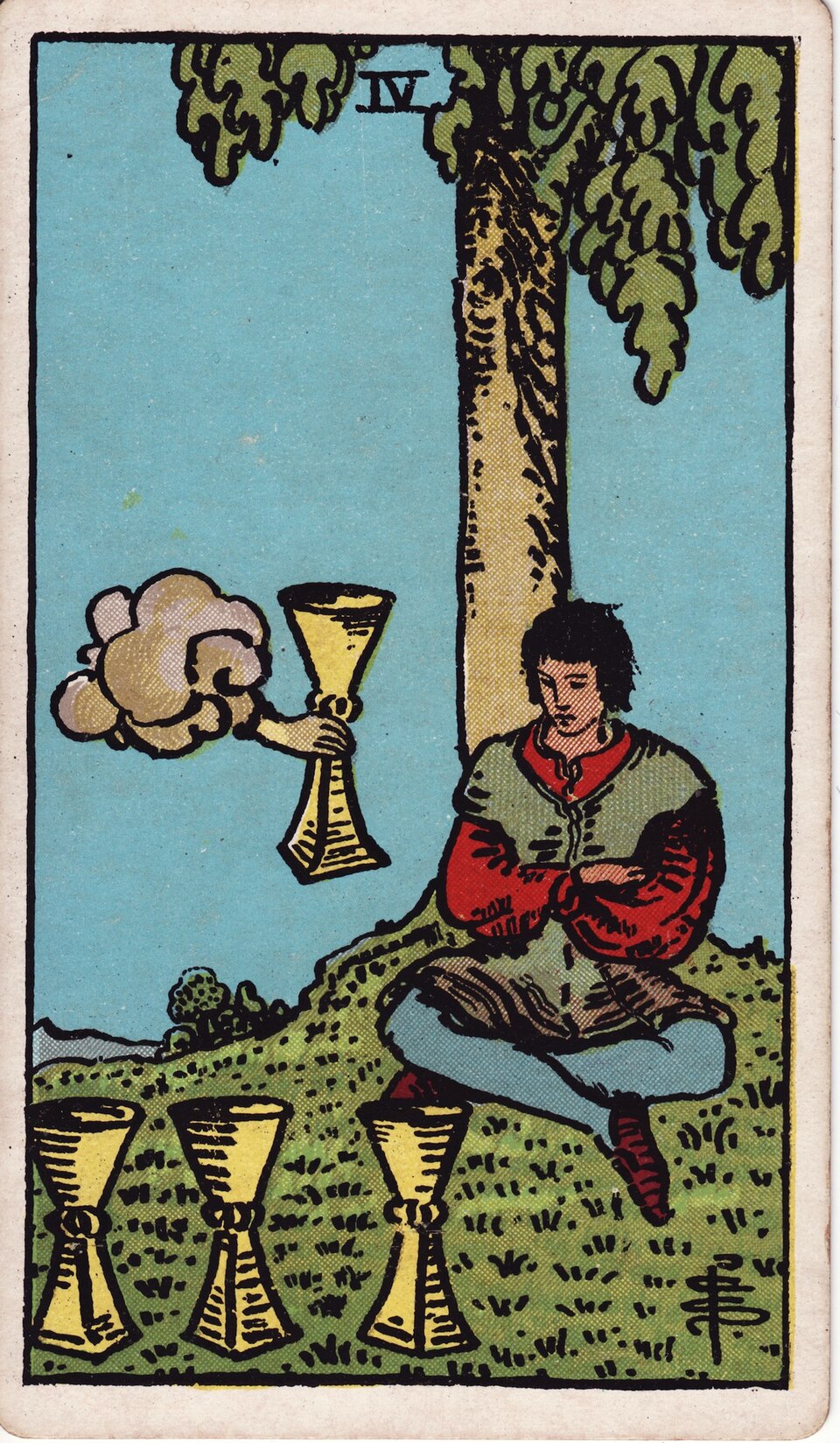 Four of Cups from the Rider–Waite–Smith tarot, 1909, public domain