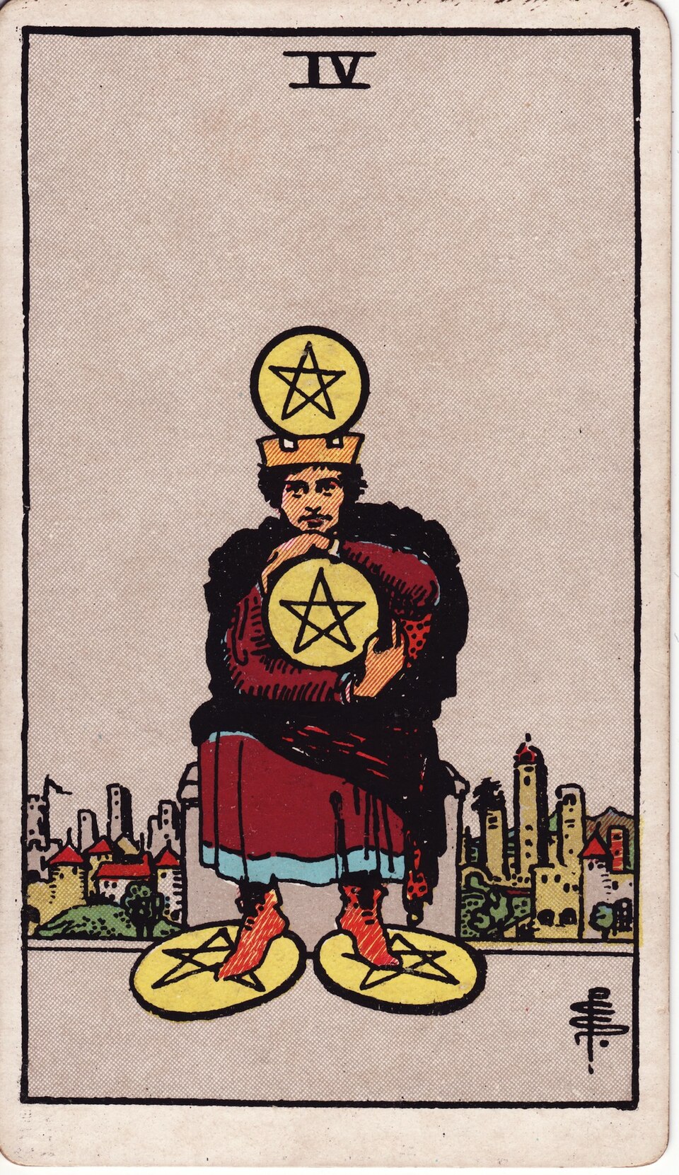 Four of Pentacles from the Rider–Waite–Smith tarot, 1909, public domain