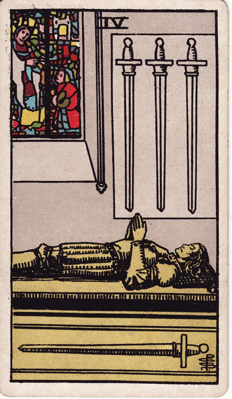 Four of Swords from the Rider–Waite–Smith tarot, 1909, public domain