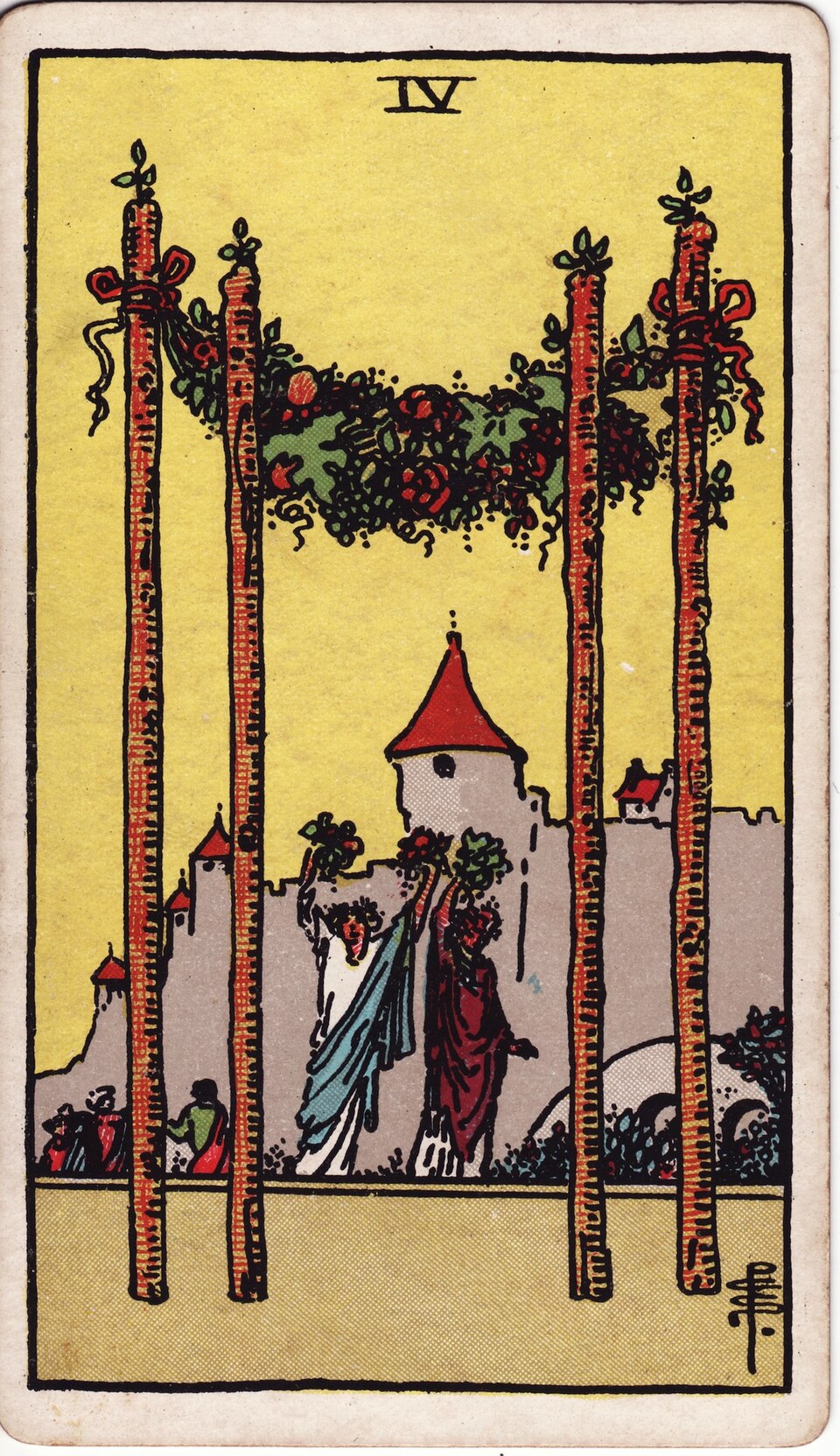 Four of Wands from the Rider–Waite–Smith tarot, 1909, public domain