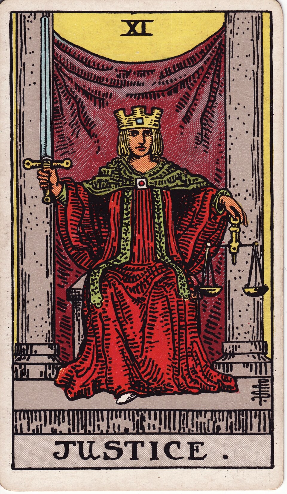 Justice from the Rider–Waite–Smith tarot, 1909, public domain