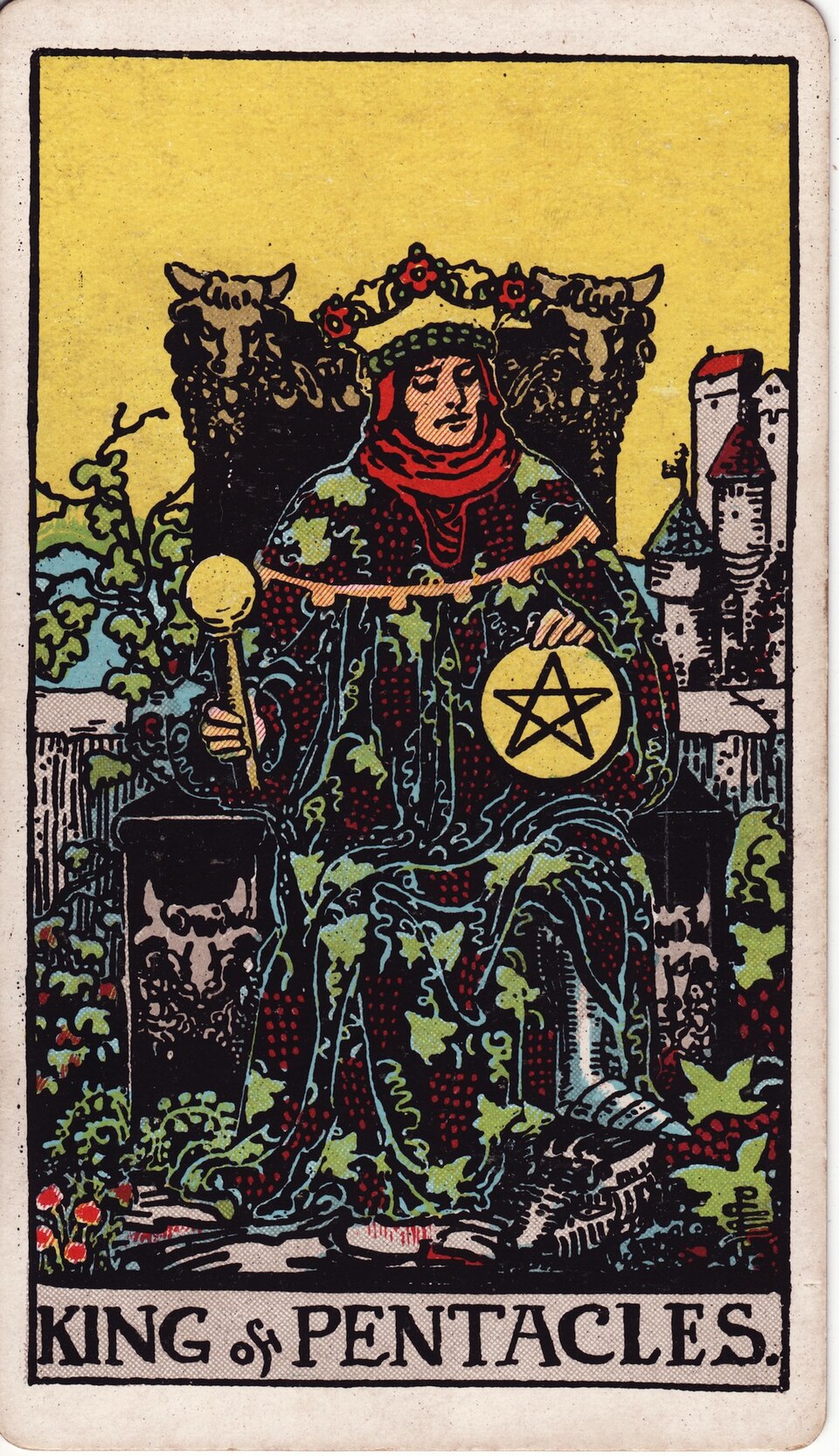 King of Pentacles from the Rider–Waite–Smith tarot, 1909, public domain