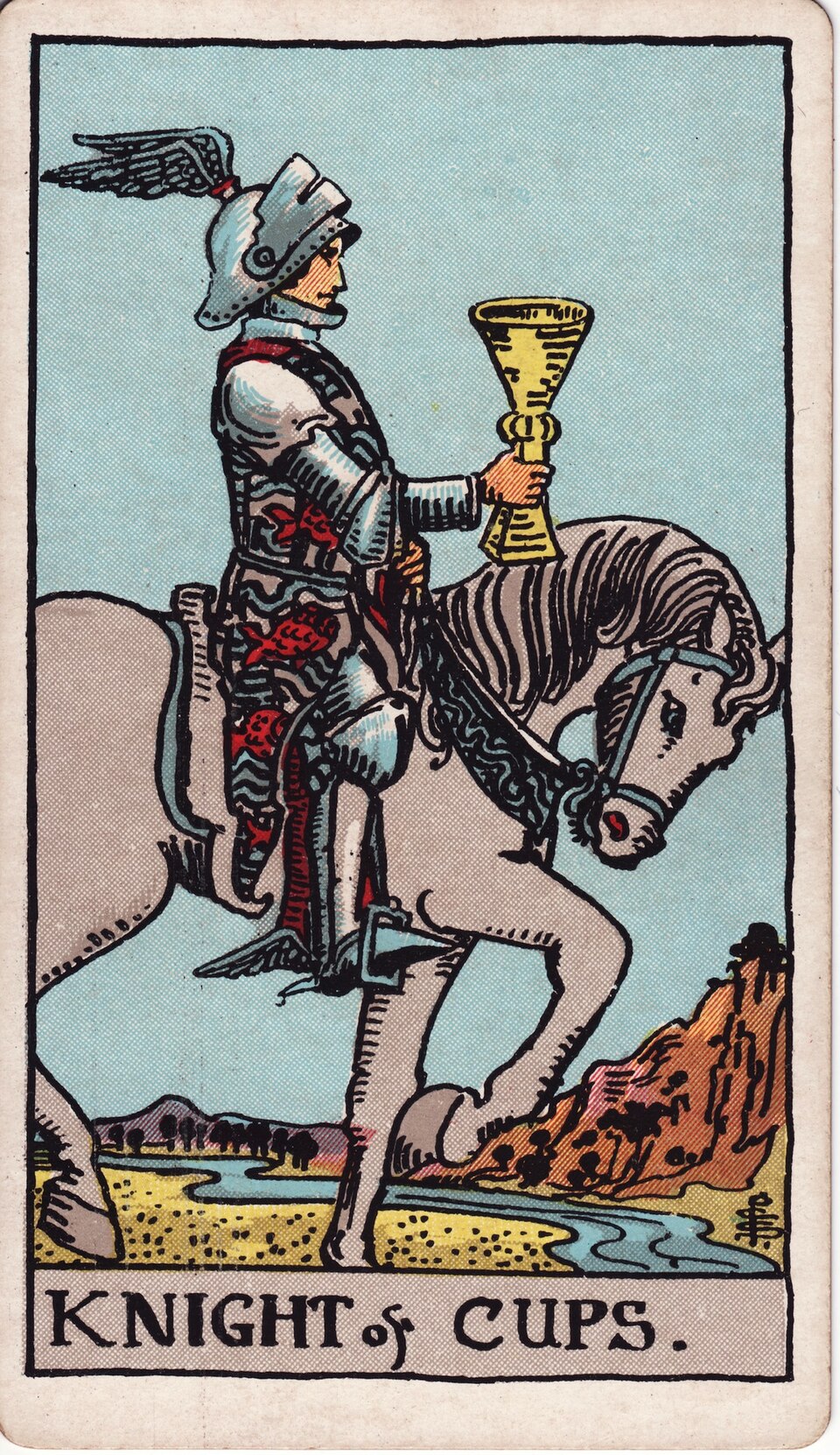 Knight of Cups from the Rider–Waite–Smith tarot, 1909, public domain