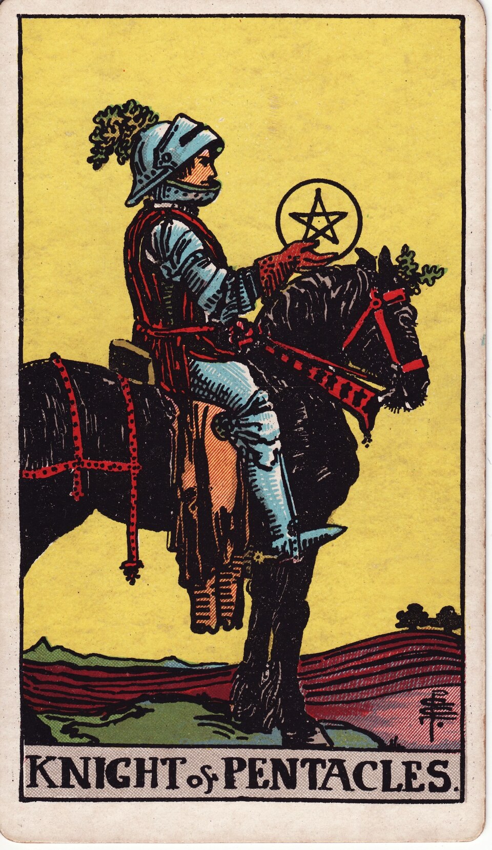 Knight of Pentacles from the Rider–Waite–Smith tarot, 1909, public domain