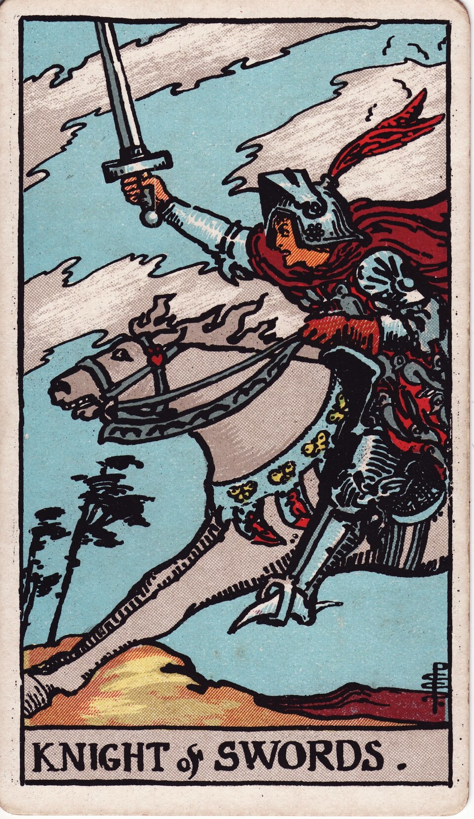 Knight of Swords from the Rider–Waite–Smith tarot, 1909, public domain