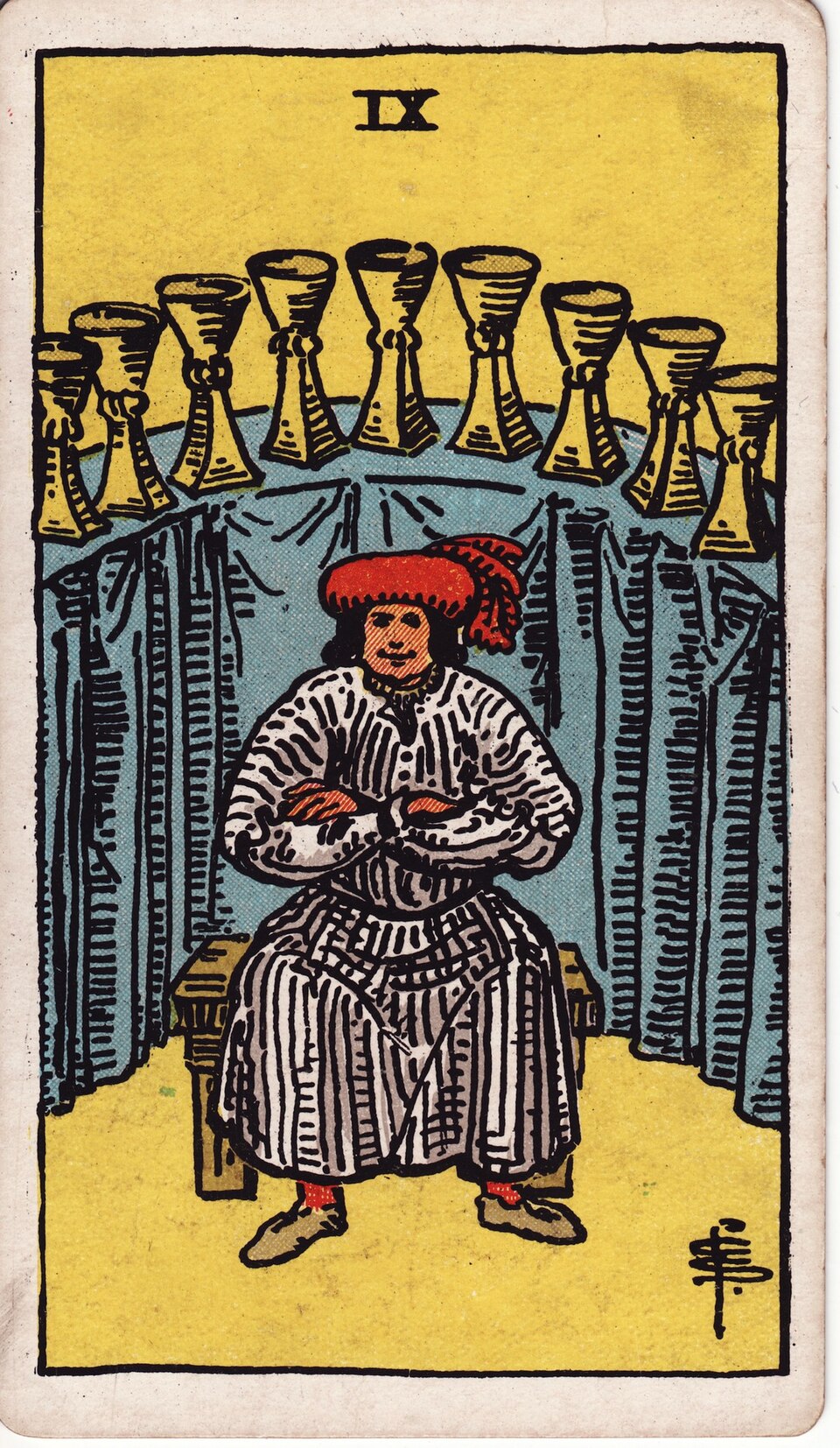 Nine of Cups from the Rider–Waite–Smith tarot, 1909, public domain