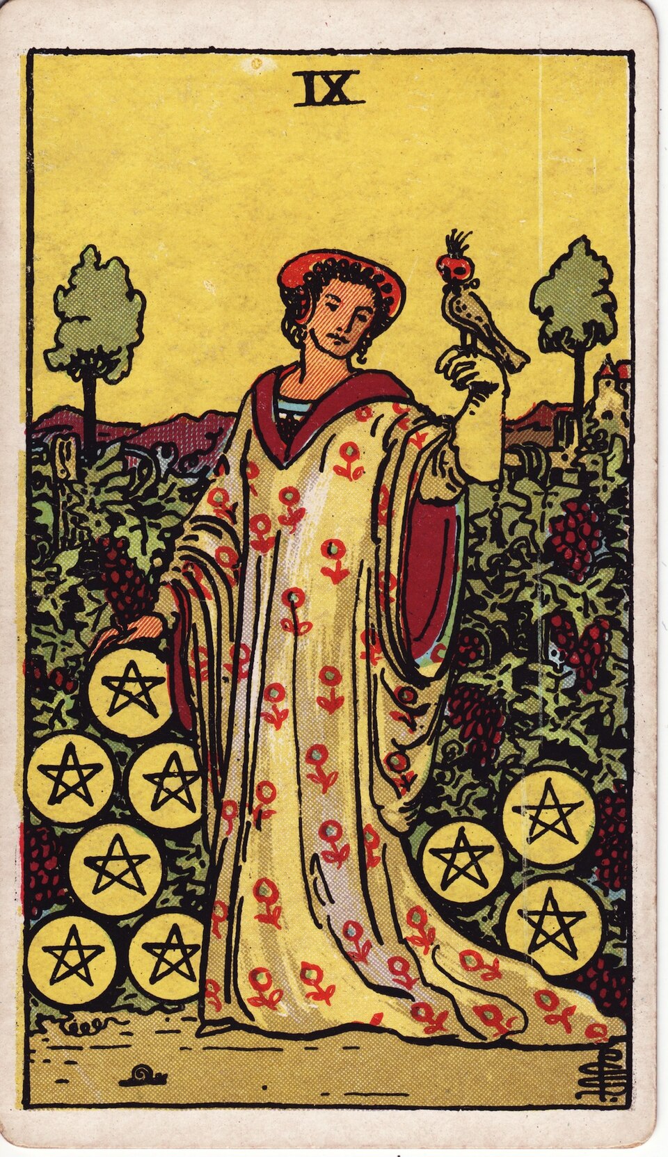 Nine of Pentacles from the Rider–Waite–Smith tarot, 1909, public domain