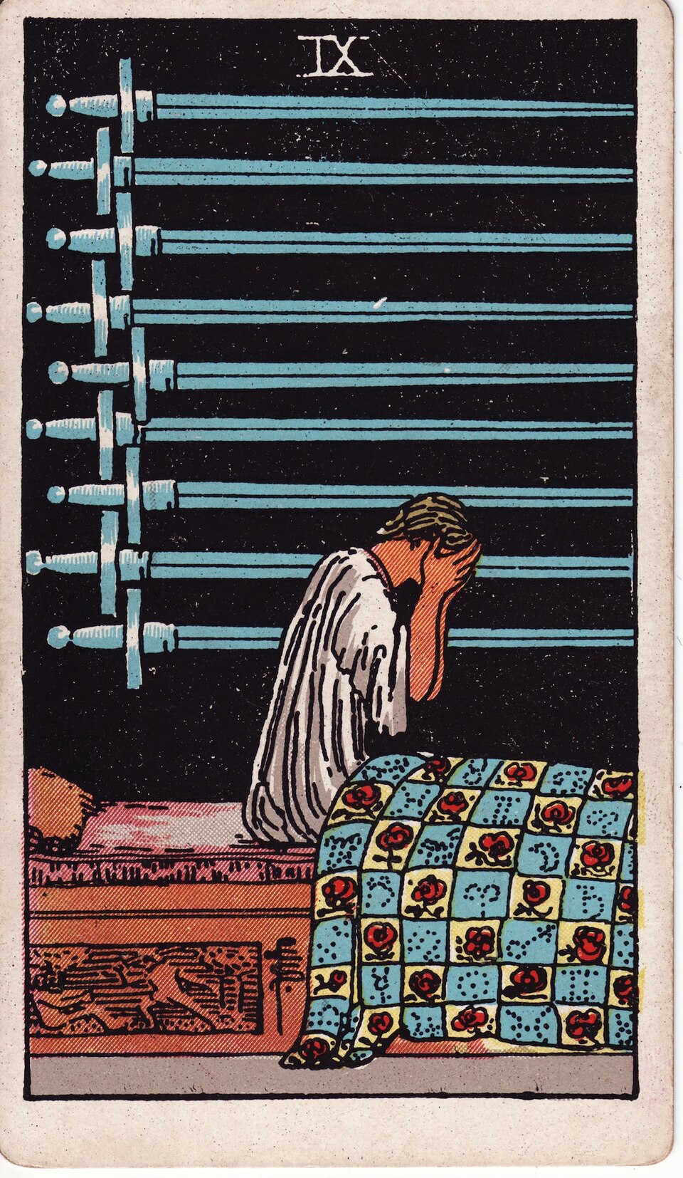 Nine of Swords from the Rider–Waite–Smith tarot, 1909, public domain