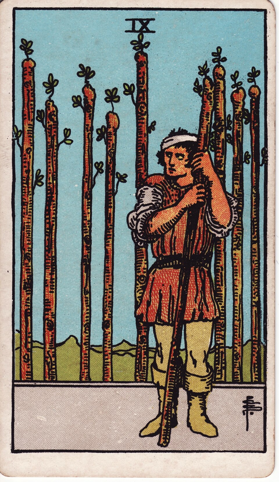 Nine of Wands from the Rider–Waite–Smith tarot, 1909, public domain