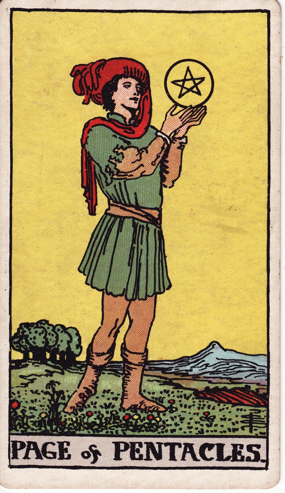 Page of Pentacles from the Rider–Waite–Smith tarot, 1909, public domain
