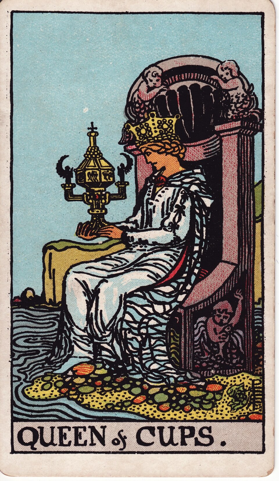 Queen of Cups from the Rider–Waite–Smith tarot, 1909, public domain