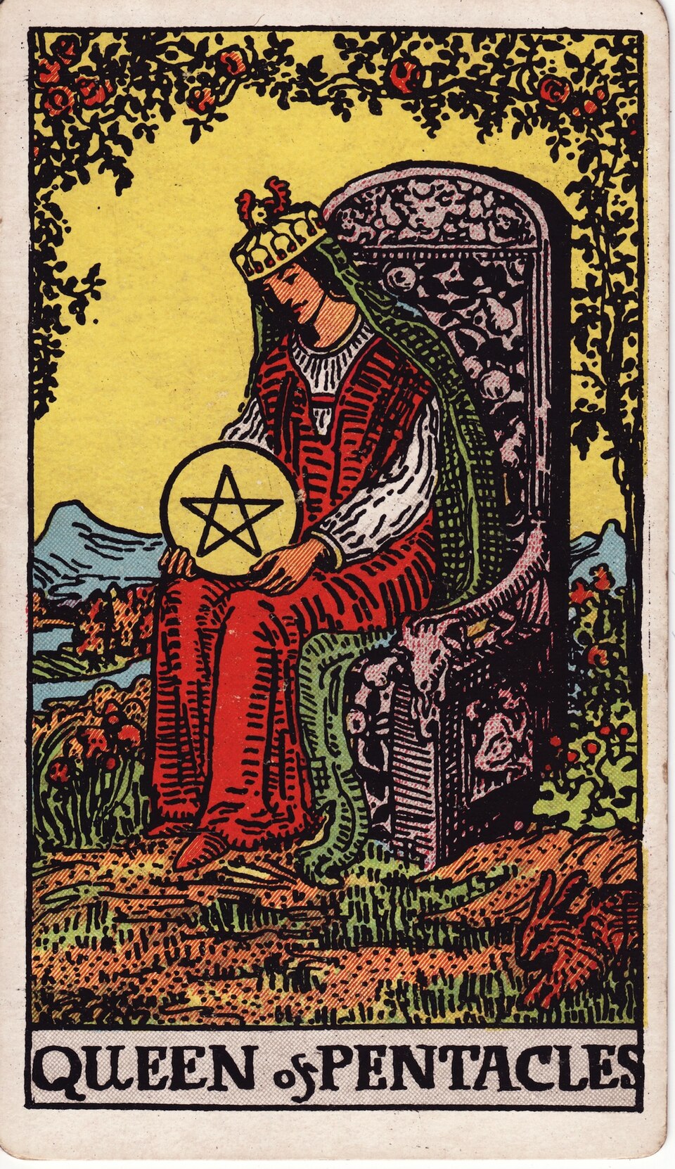 Queen of Pentacles from the Rider–Waite–Smith tarot, 1909, public domain