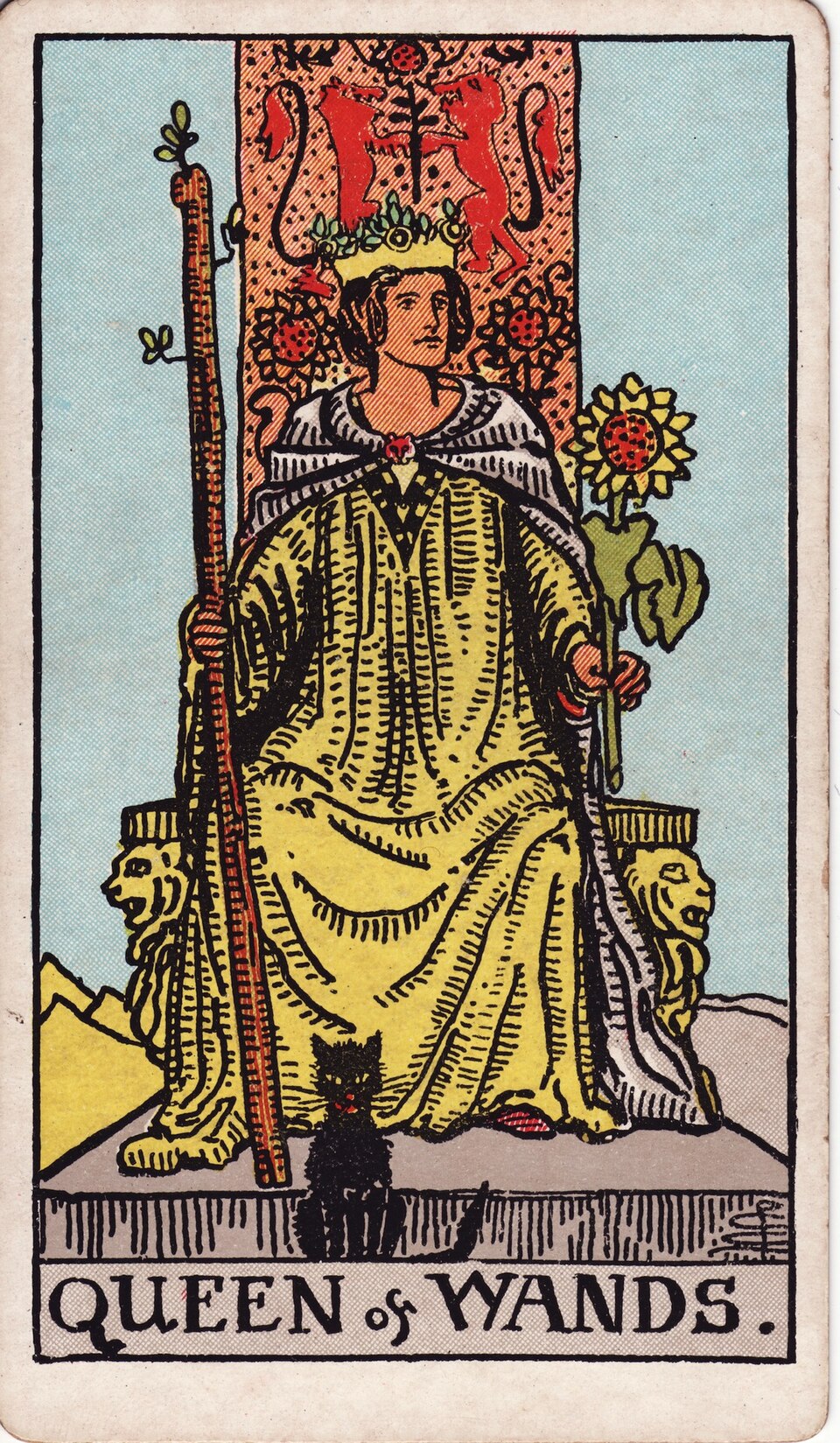 Queen of Wands from the Rider–Waite–Smith tarot, 1909, public domain