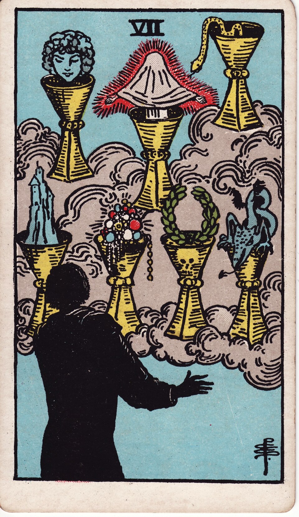 Seven of Cups from the Rider–Waite–Smith tarot, 1909, public domain