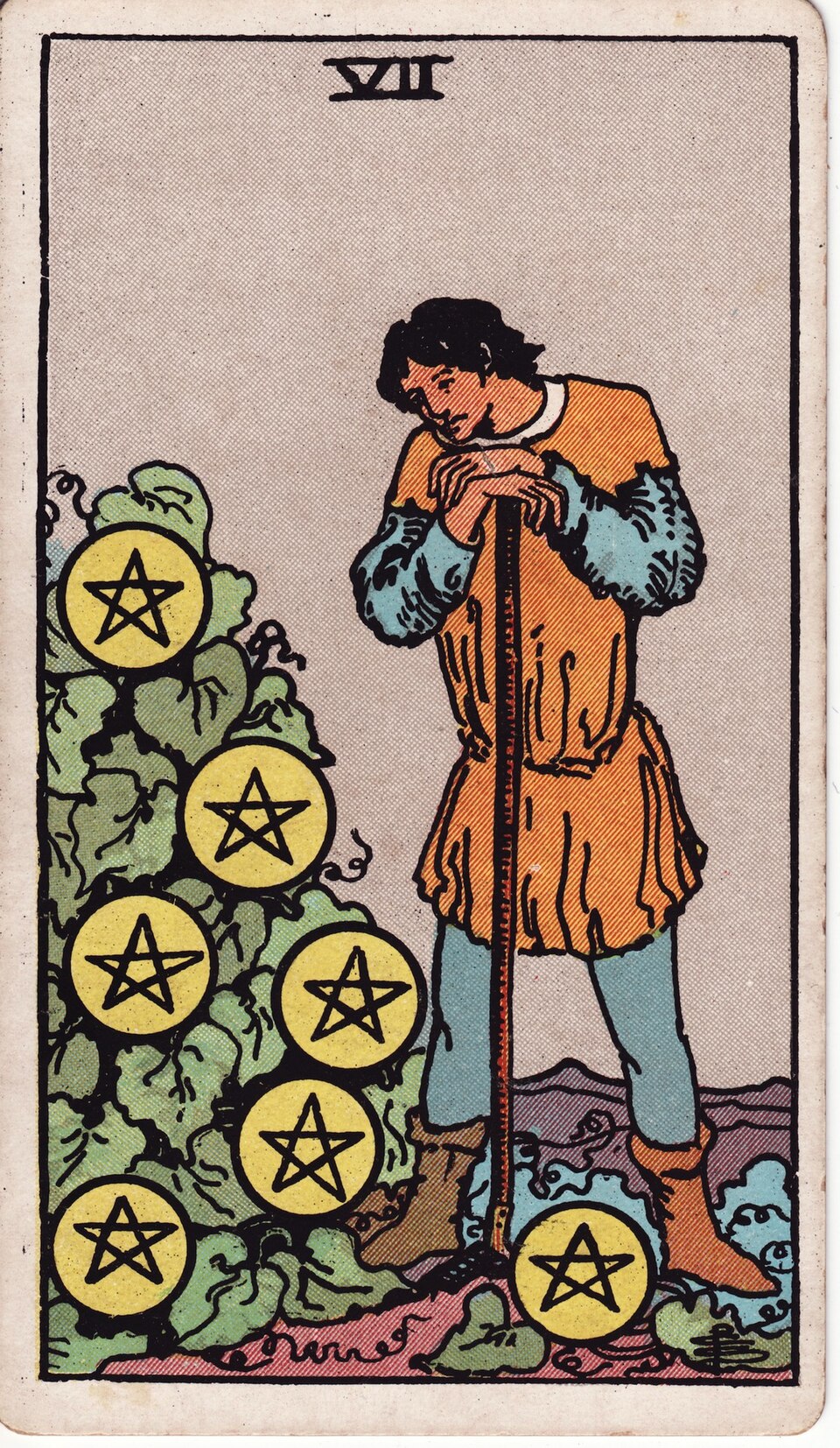 Seven of Pentacles from the Rider–Waite–Smith tarot, 1909, public domain
