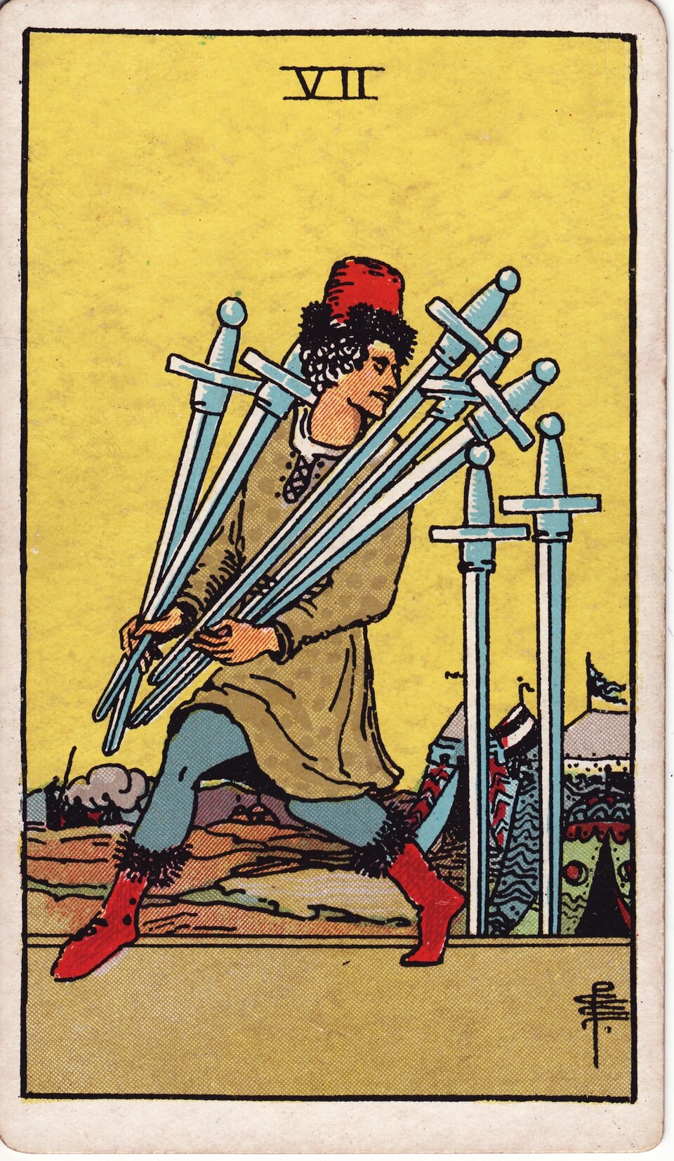 Seven of Swords from the Rider–Waite–Smith tarot, 1909, public domain