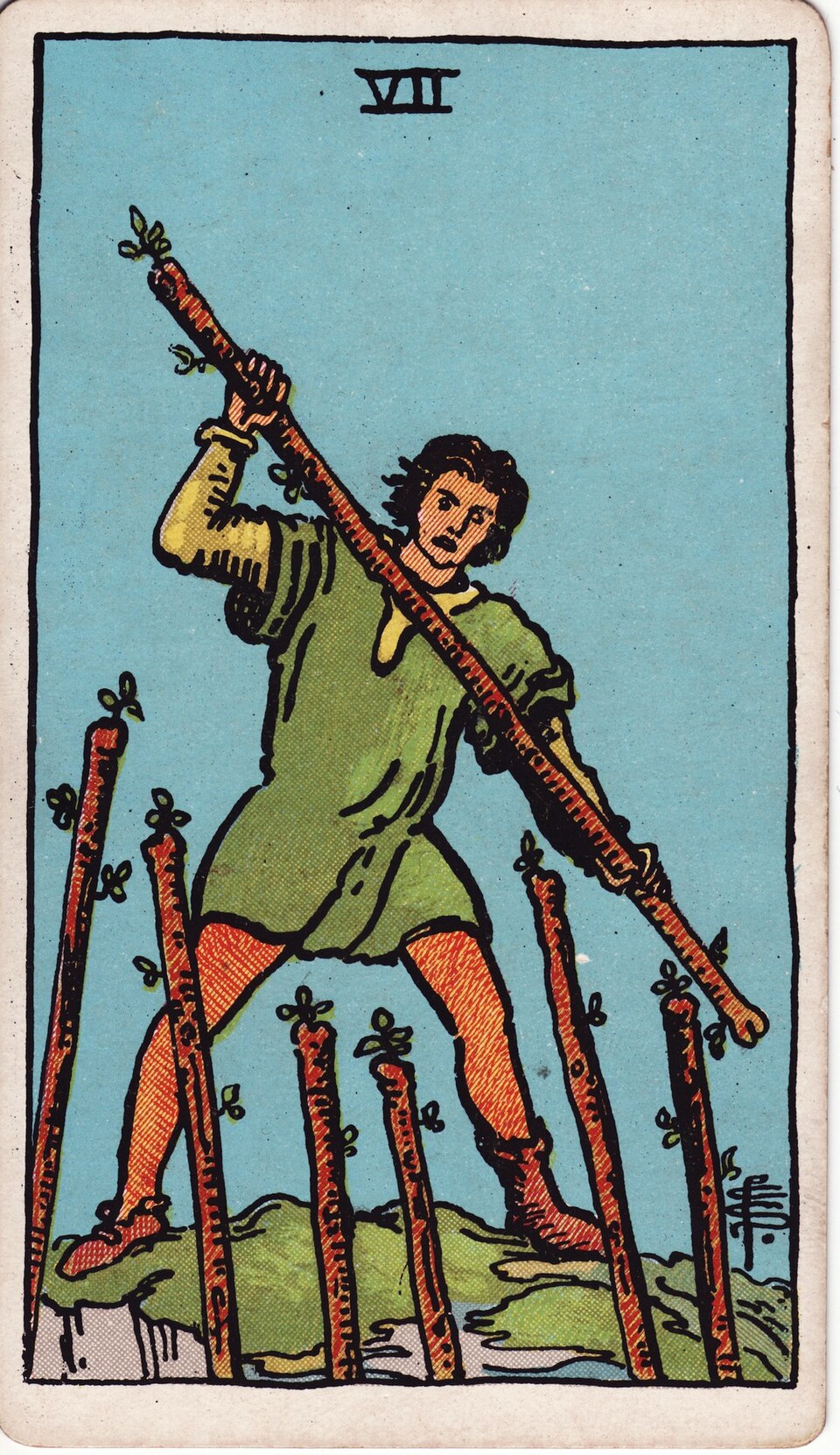 Seven of Wands from the Rider–Waite–Smith tarot, 1909, public domain