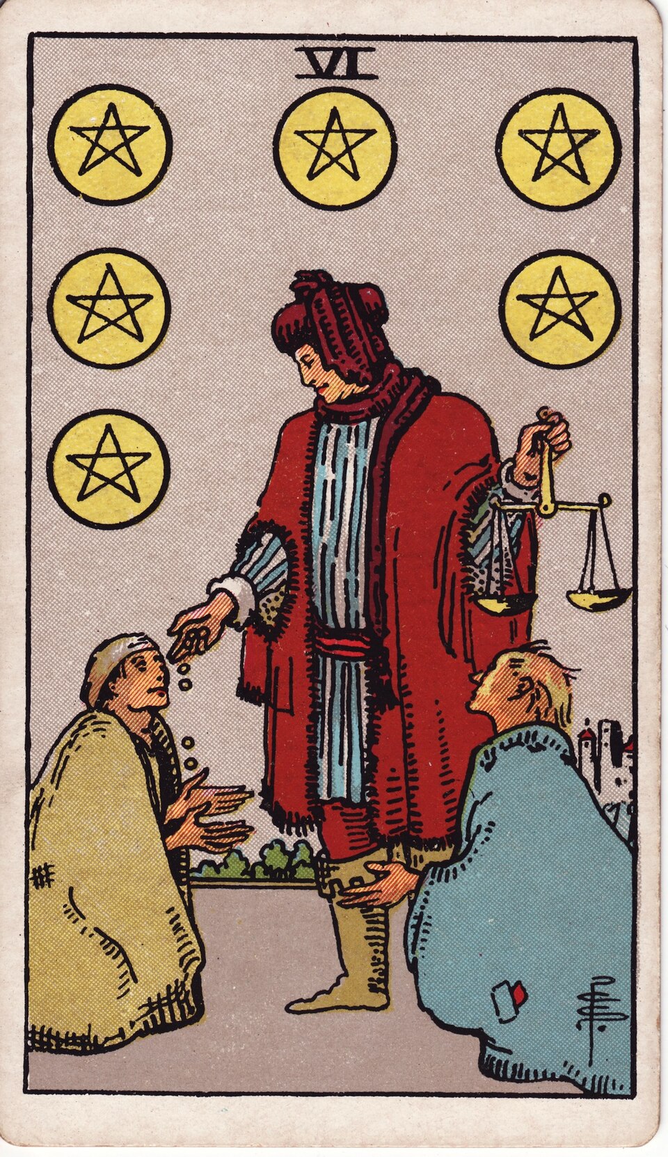 Six of Pentacles from the Rider–Waite–Smith tarot, 1909, public domain