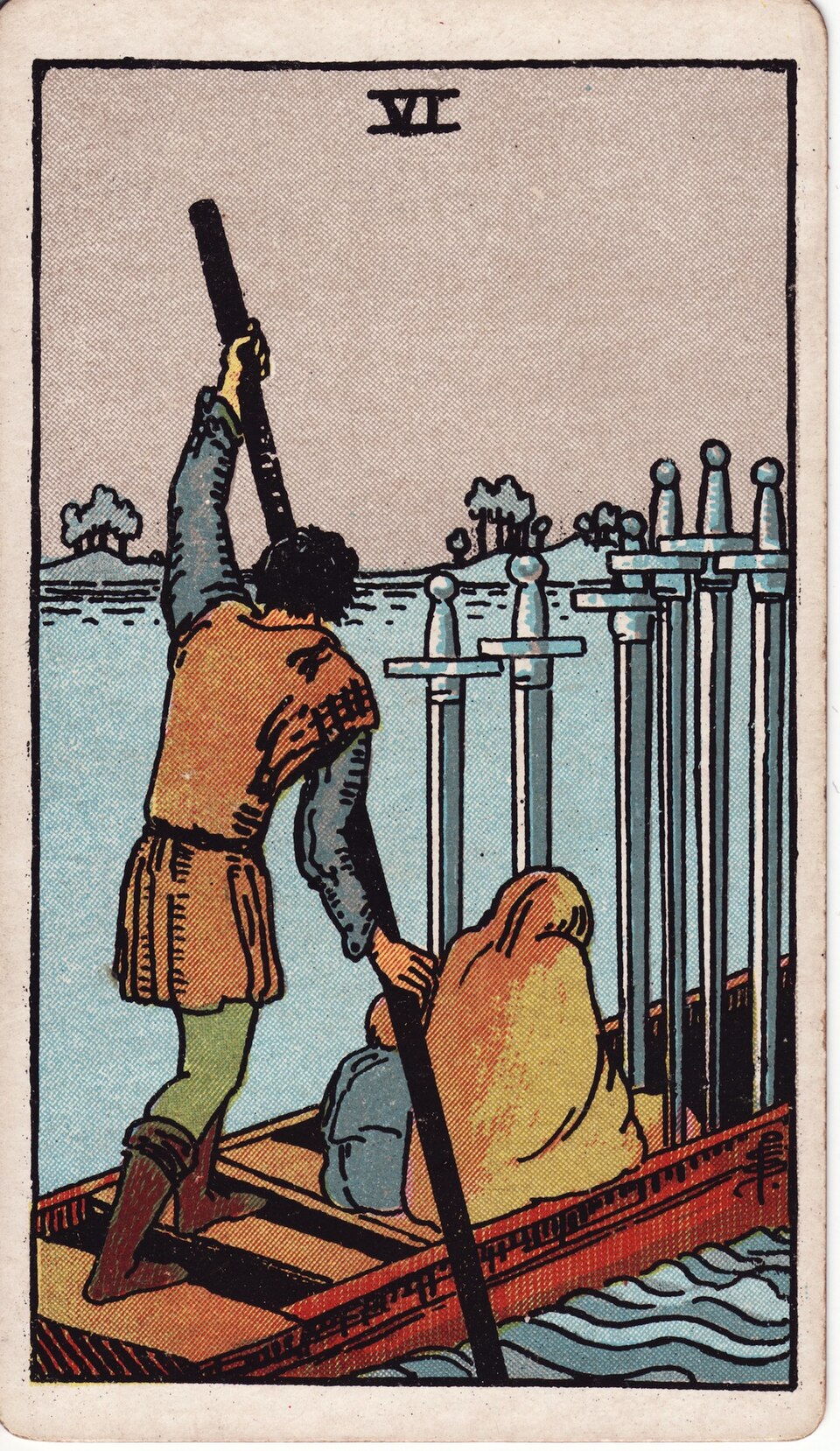 Six of Swords from the Rider–Waite–Smith tarot, 1909, public domain