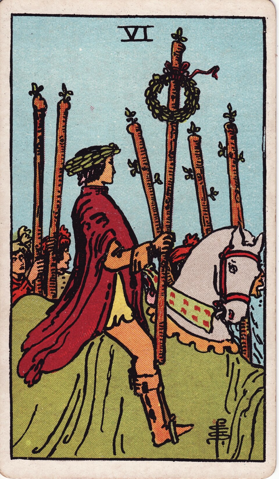 Six of Wands from the Rider–Waite–Smith tarot, 1909, public domain