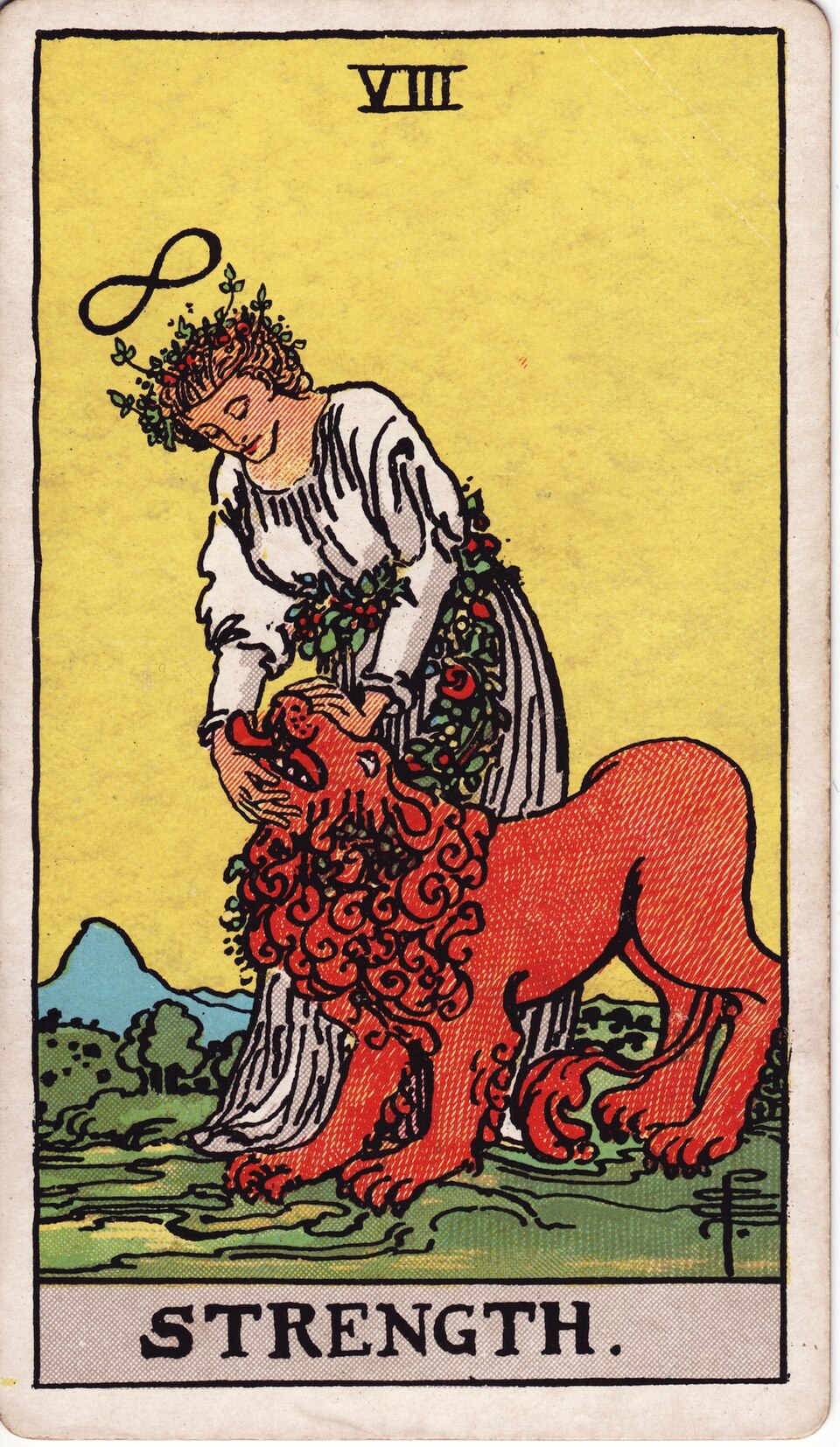 Strength from the Rider–Waite–Smith tarot, 1909, public domain