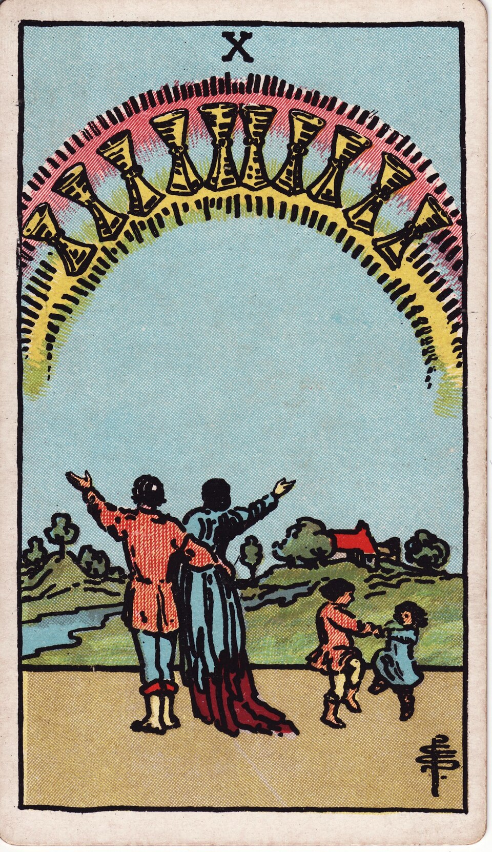 Ten of Cups from the Rider–Waite–Smith tarot, 1909, public domain