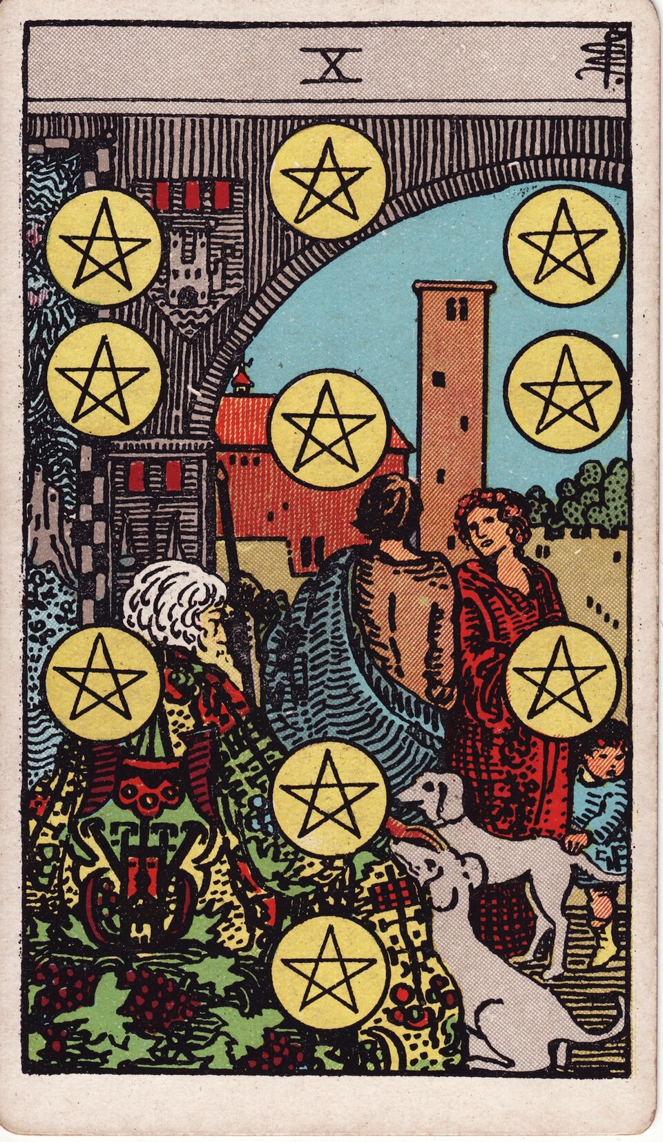 Ten of Pentacles from the Rider–Waite–Smith tarot, 1909, public domain
