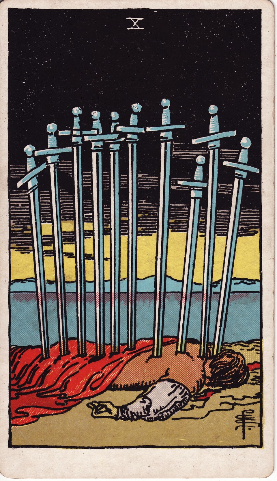 Ten of Swords from the Rider–Waite–Smith tarot, 1909, public domain