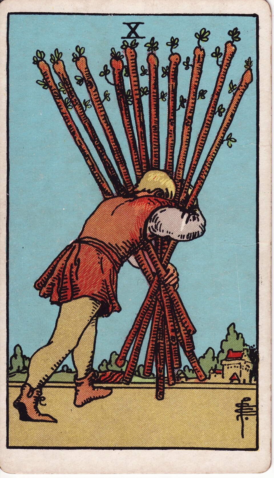 Ten of Wands from the Rider–Waite–Smith tarot, 1909, public domain