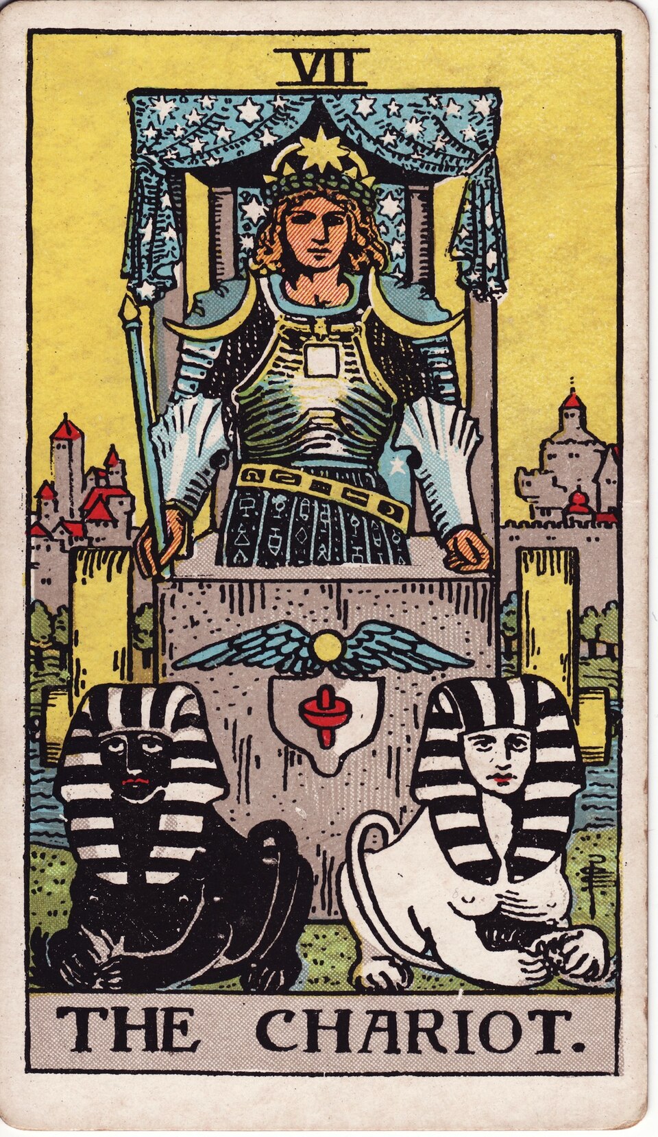 The Chariot from the Rider–Waite–Smith tarot, 1909, public domain
