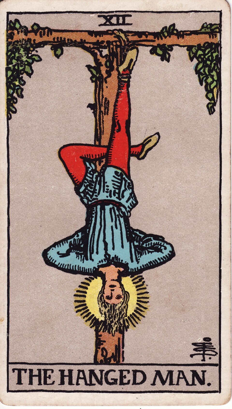 The Hanged Man from the Rider–Waite–Smith tarot, 1909, public domain