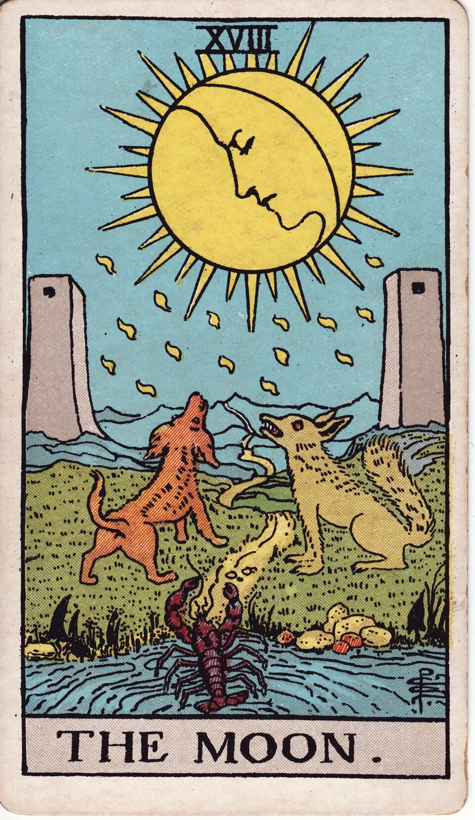 The Moon from the Rider–Waite–Smith tarot, 1909, public domain