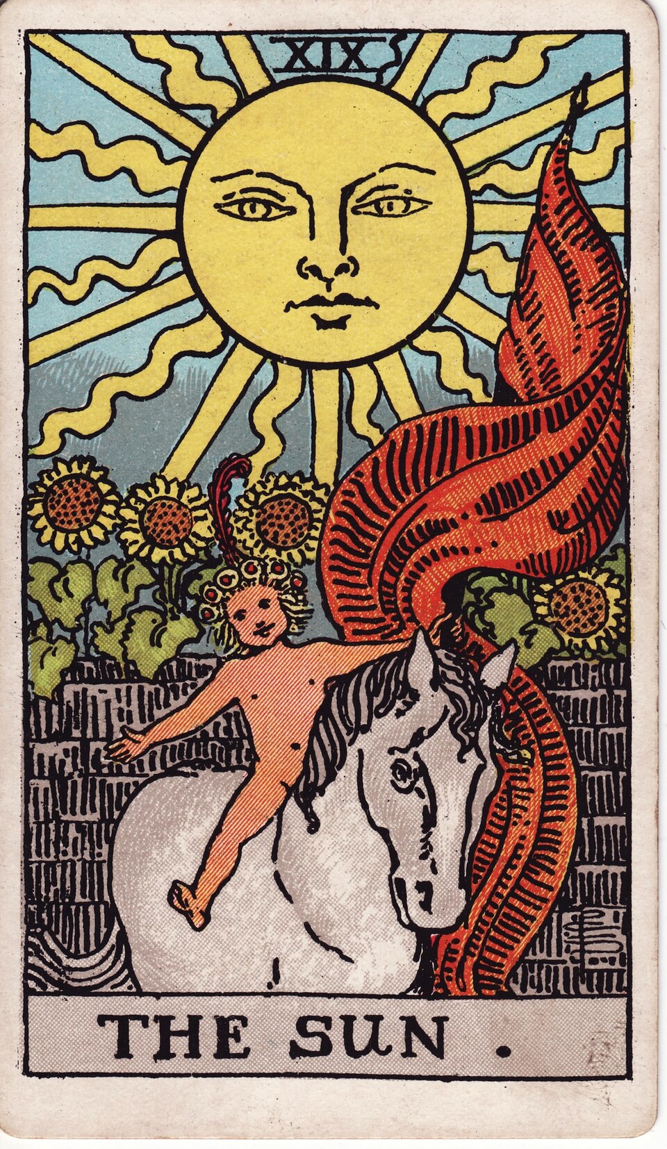 The Sun from the Rider–Waite–Smith tarot, 1909, public domain