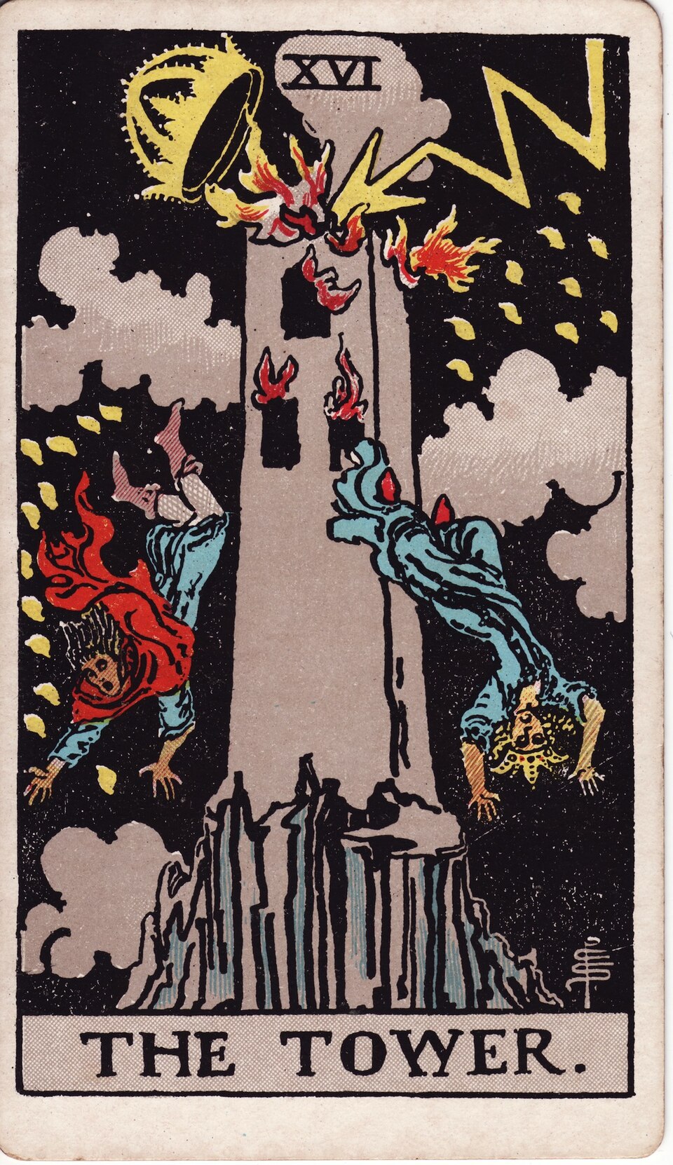 The Tower from the Rider–Waite–Smith tarot, 1909, public domain
