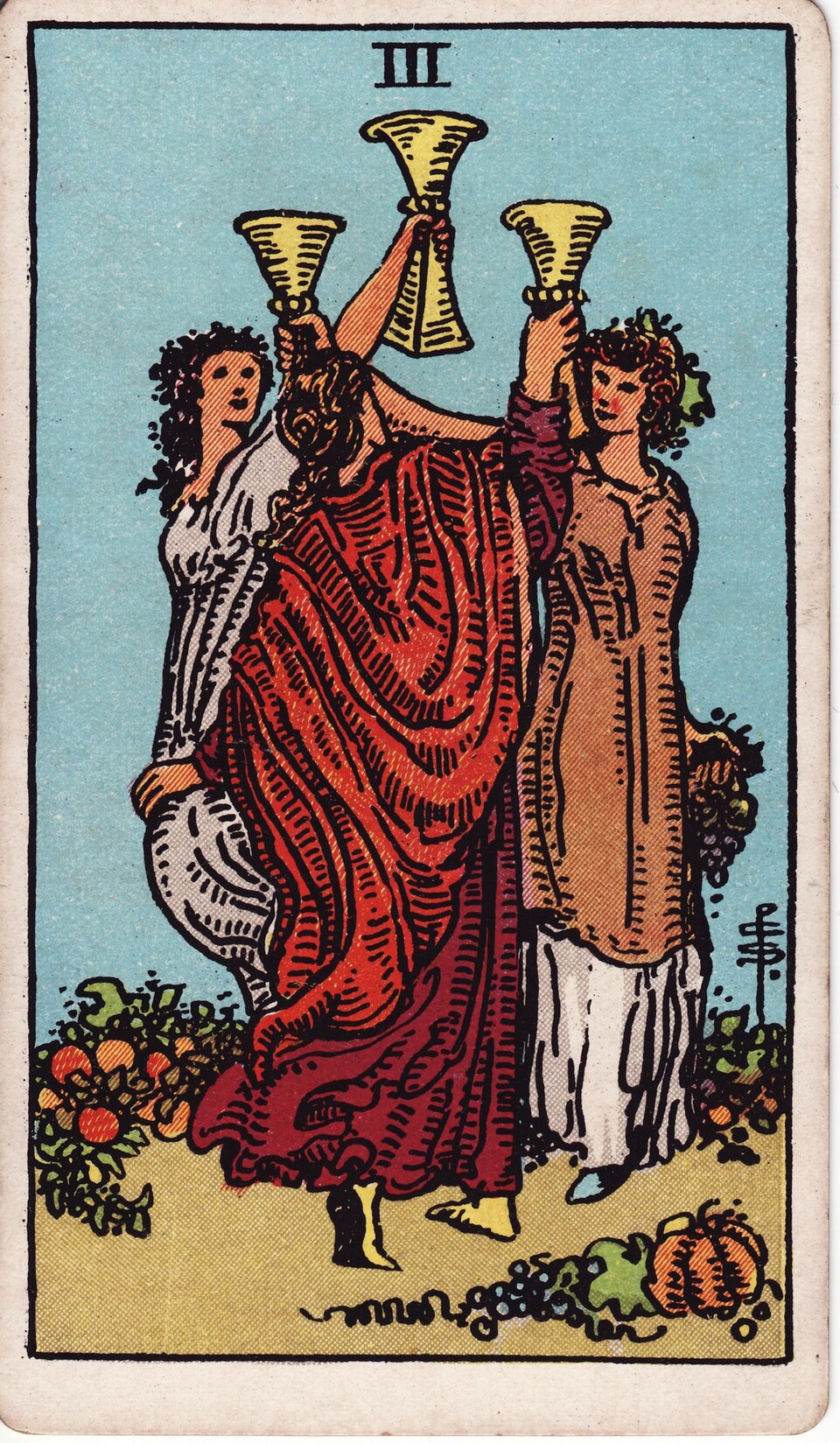 Three of Cups from the Rider–Waite–Smith tarot, 1909, public domain