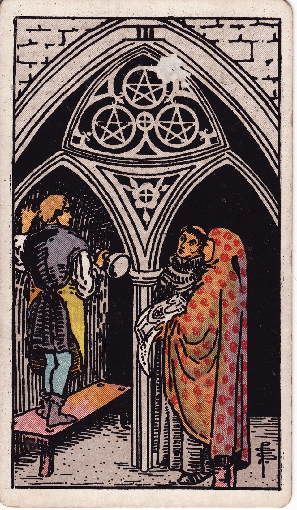 Three of Pentacles from the Rider–Waite–Smith tarot, 1909, public domain