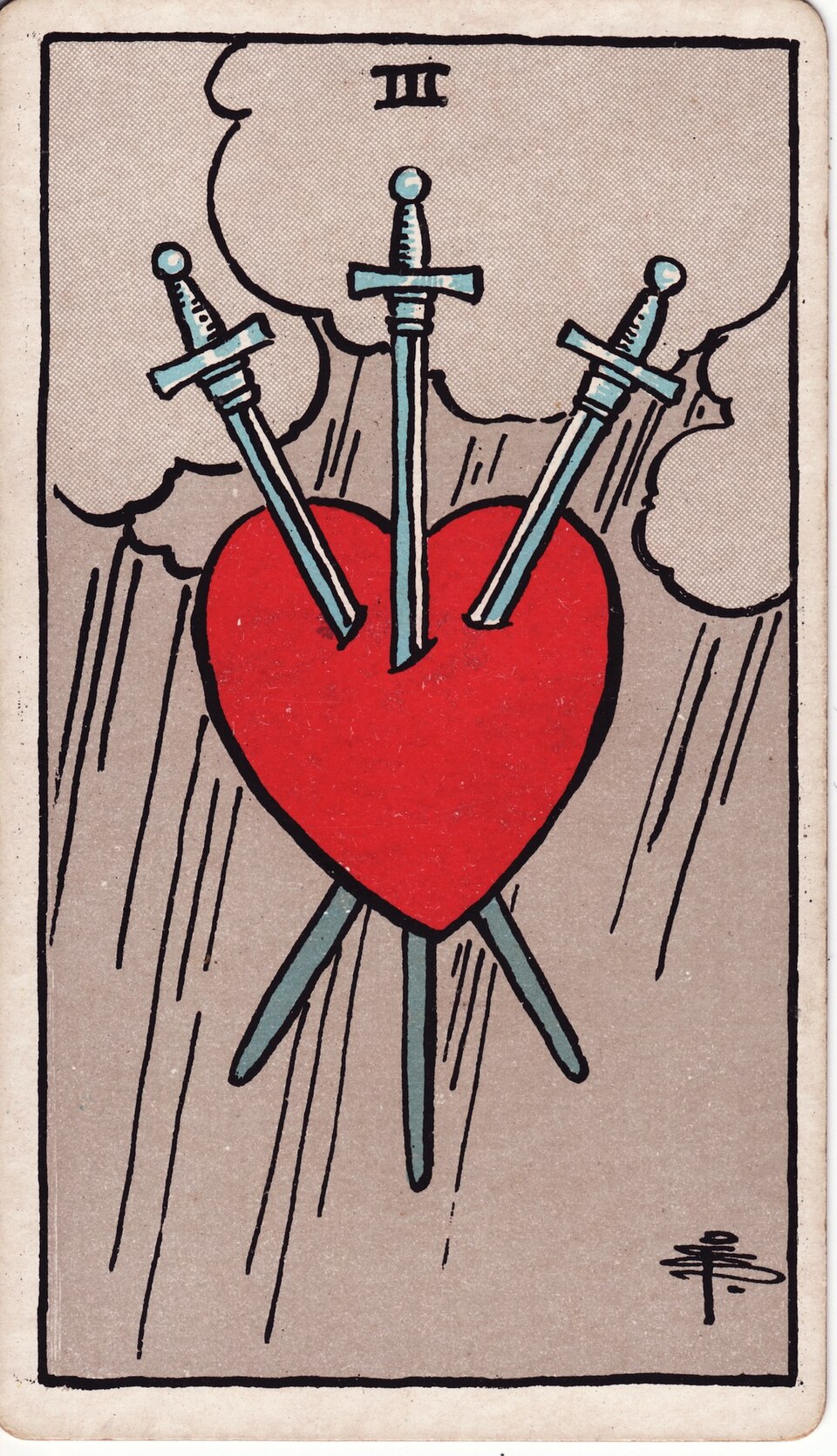 Three of Swords from the Rider–Waite–Smith tarot, 1909, public domain
