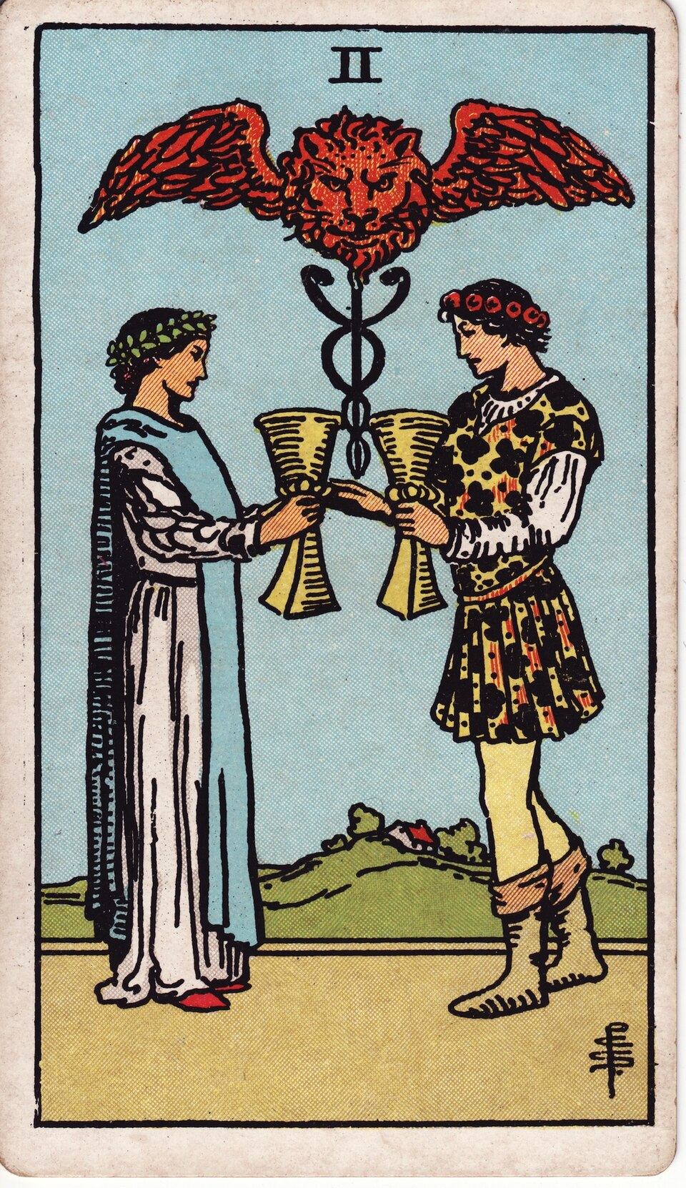 Two of Cups from the Rider–Waite–Smith tarot, 1909, public domain