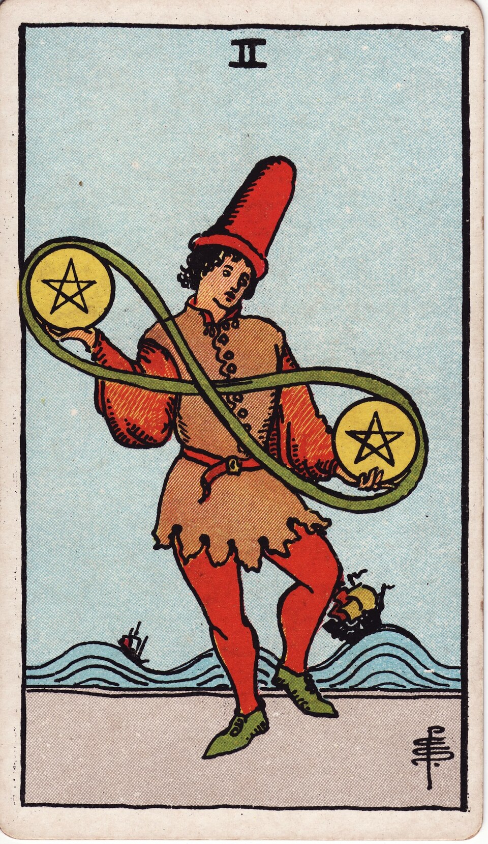 Two of Pentacles from the Rider–Waite–Smith tarot, 1909, public domain