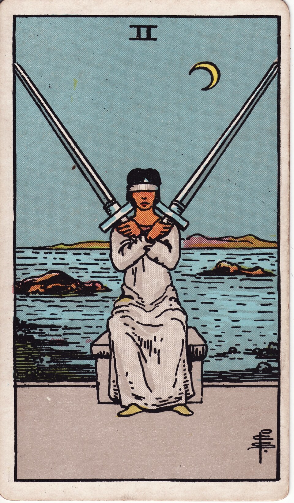 Two of Swords from the Rider–Waite–Smith tarot, 1909, public domain