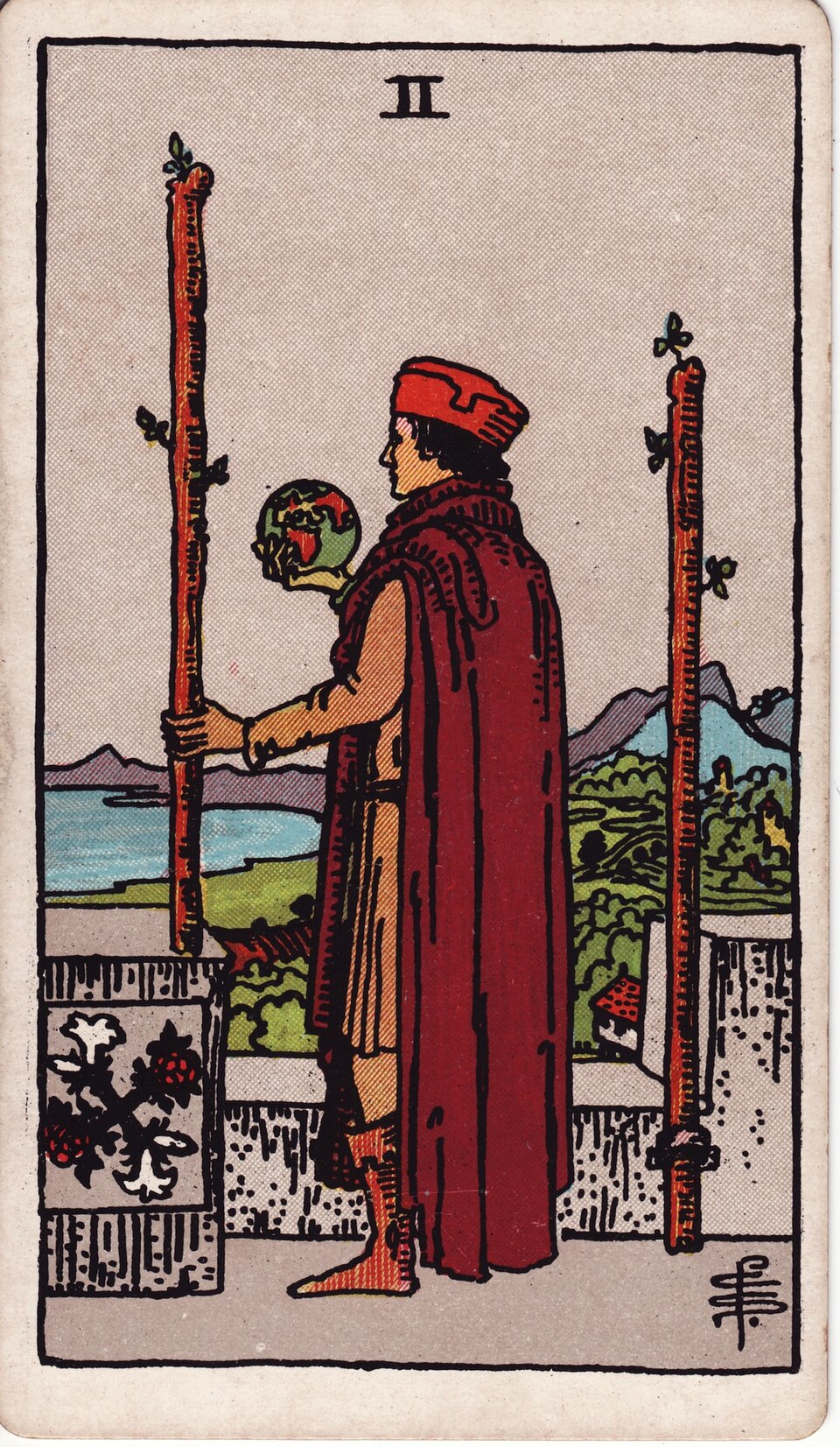Two of Wands from the Rider–Waite–Smith tarot, 1909, public domain