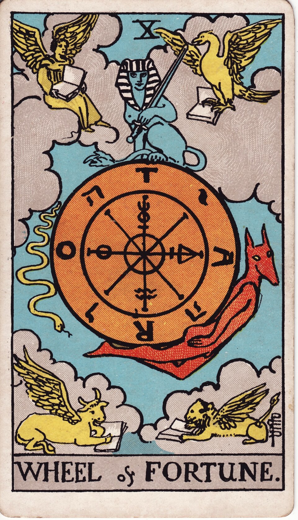 Wheel of Fortune from the Rider–Waite–Smith tarot, 1909, public domain